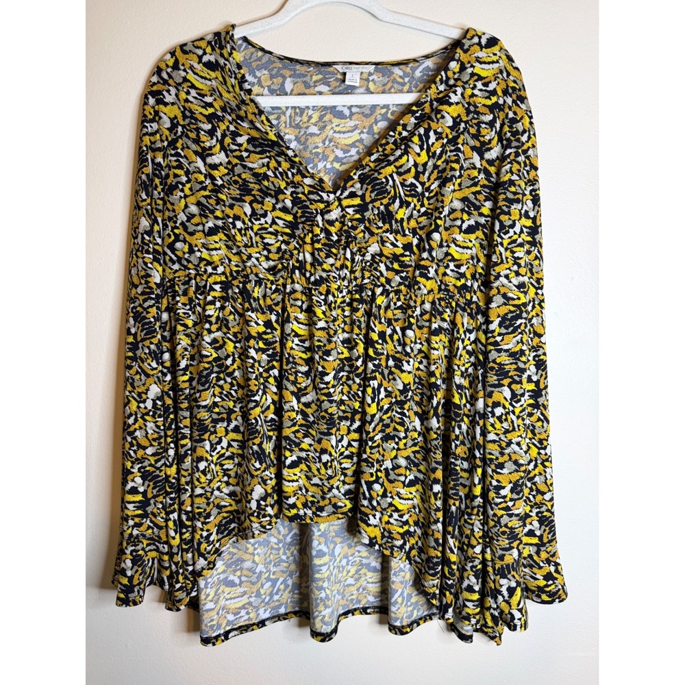 Cato Womens L Yellow Black Abstract Animal Print Babydoll Top Boho Y2K Fall